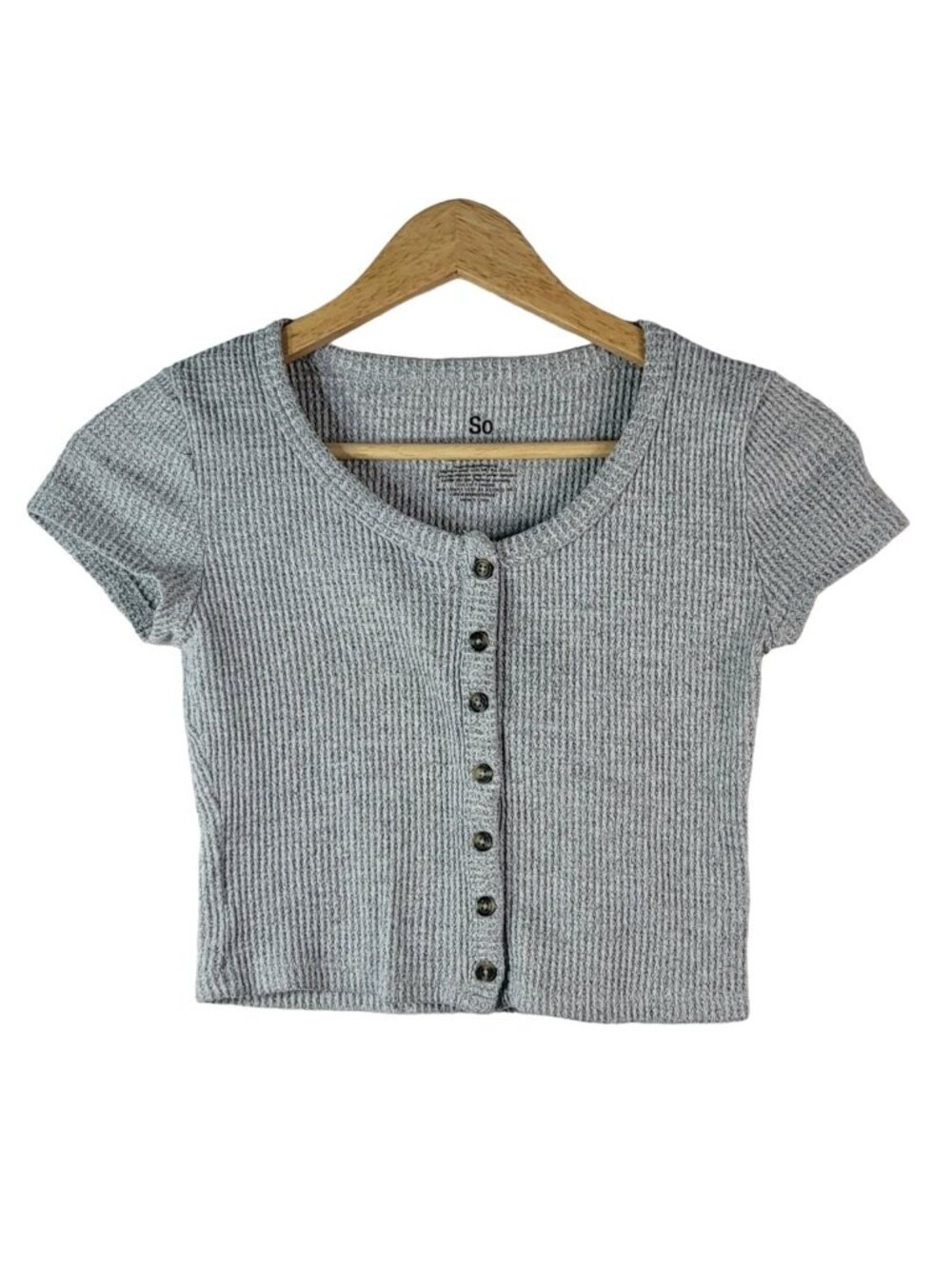 SO Girls Waffle Crop Top Gray XS Thermal Short Sleeves Button Front Round Neck